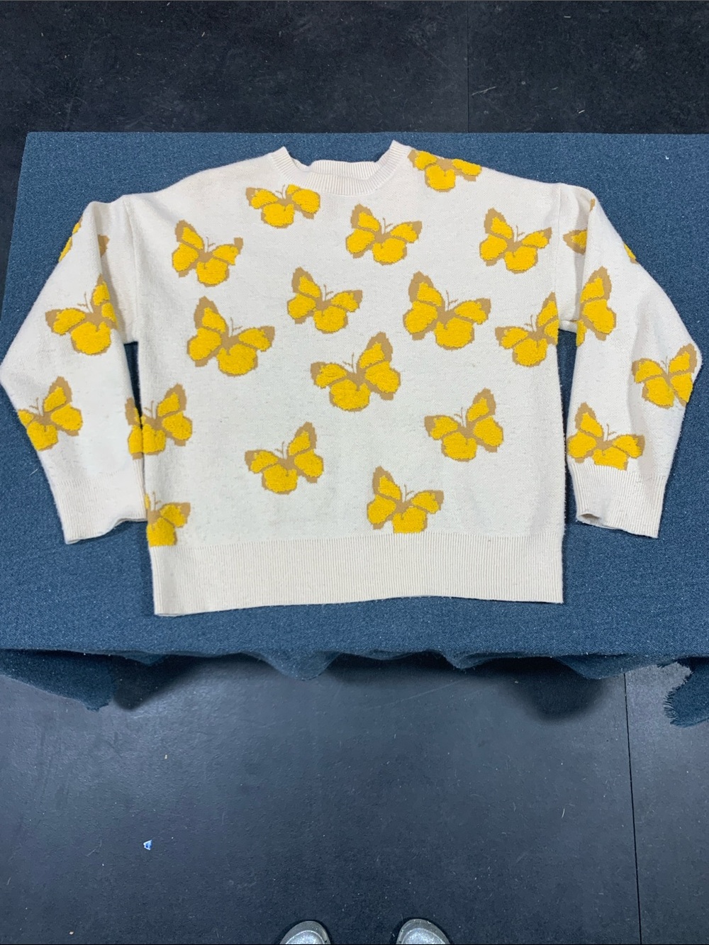 Women’s Cream Crewneck Sweater with Yellow Butterfly Pattern